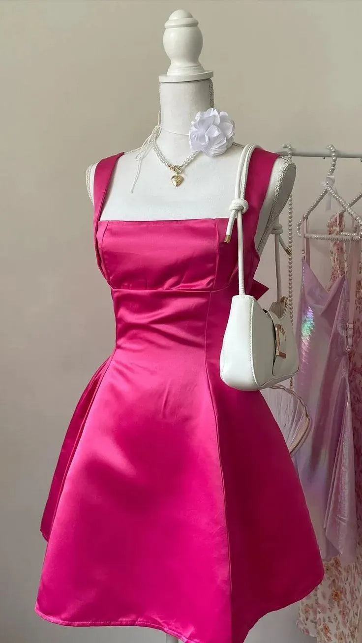 Playful A-Line Square Neck Bow Back Fuchsia Short Homecoming Dress