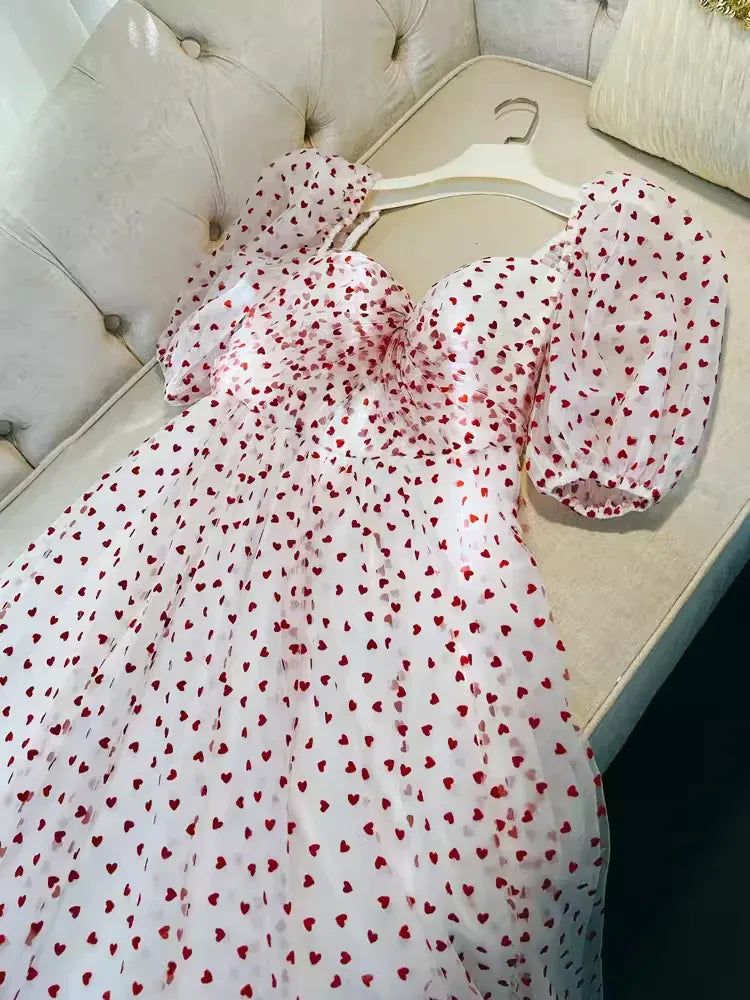 Playful A-Line Square Neck Puff Sleeve Heart Print White Red Long Prom Dress For Women Hot Sale