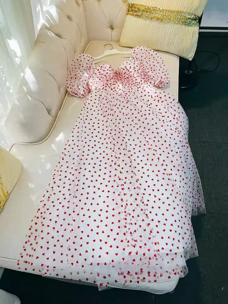 Playful A-Line Square Neck Puff Sleeve Heart Print White Red Long Prom Dress For Women Hot Sale