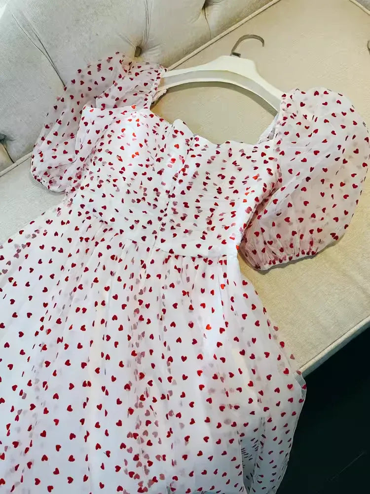 Playful A-Line Square Neck Puff Sleeve Heart Print White Red Long Prom Dress For Women Hot Sale