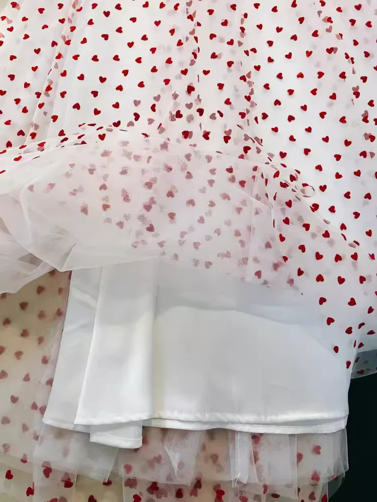 Playful A-Line Square Neck Puff Sleeve Heart Print White Red Long Prom Dress For Women Hot Sale