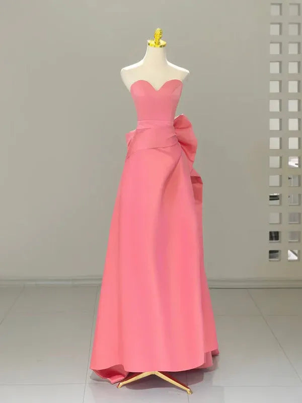 Playful A-line Sweetheart Neck Sleeveless Bow-embellished Coral Pink Maxi Prom Dress for Women Ready to Ship