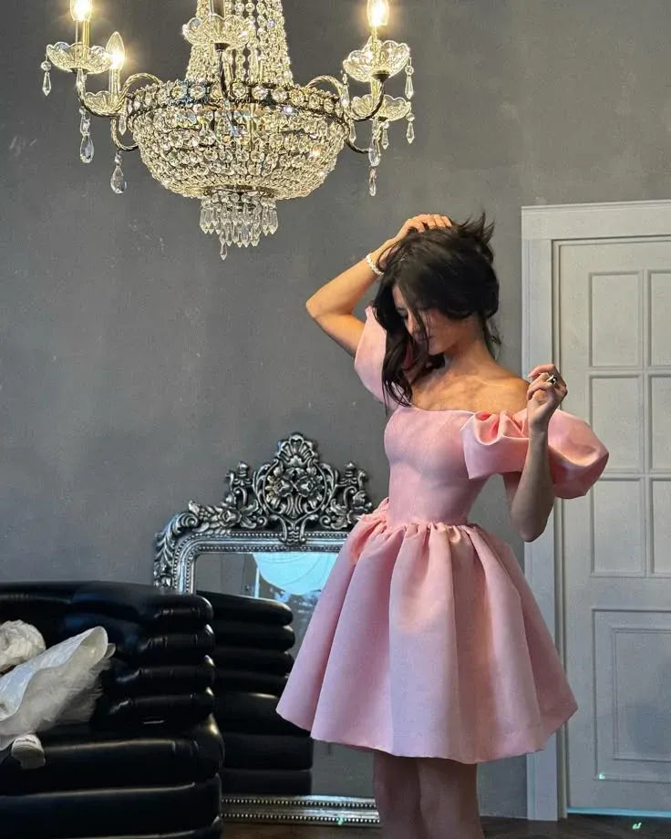 Playful Ballgown Off-Shoulder Puff-Sleeve Lace-Up Pink Short Prom Dress for Women Hot Sale