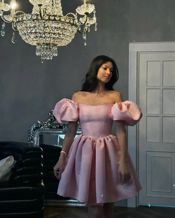 Playful Ballgown Off-Shoulder Puff-Sleeve Lace-Up Pink Short Prom Dress for Women Hot Sale