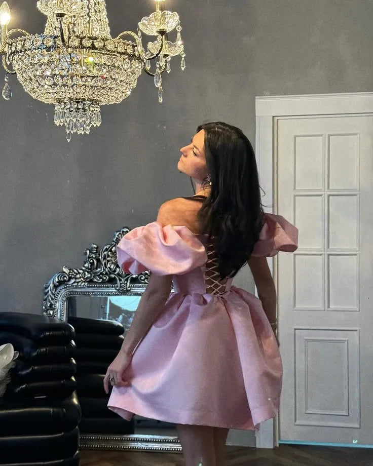Playful Ballgown Off-Shoulder Puff-Sleeve Lace-Up Pink Short Prom Dress for Women Hot Sale