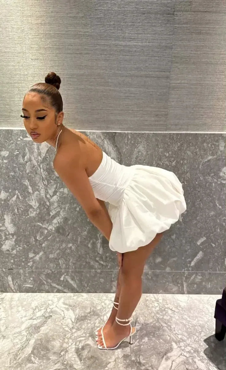 Playful Bubble-Skirt Sweetheart-Neck Sleeveless Ruched White Mini Prom Dress for Women hot sale