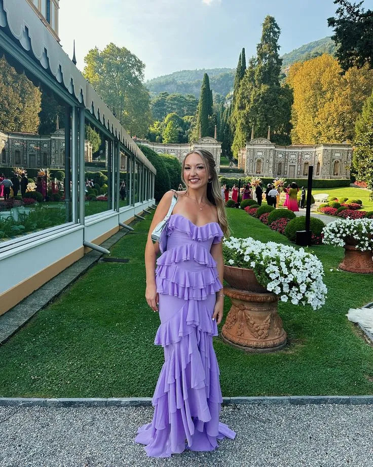 Playful Chiffon Long Evening Dress Lavender Strapless Tiered-Ruffle for Women