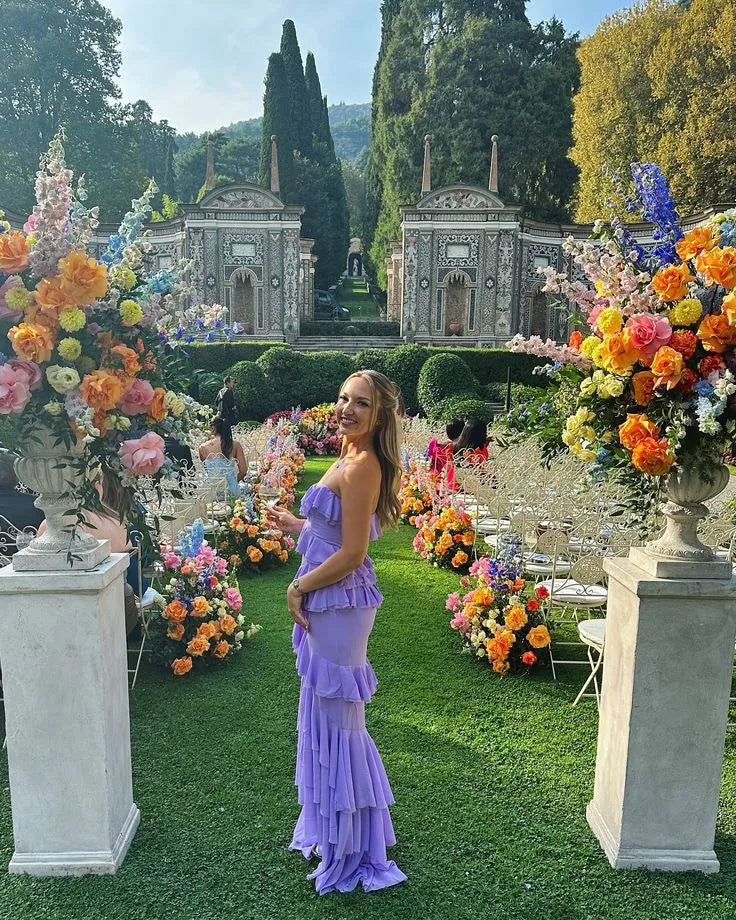 Playful Chiffon Long Evening Dress Lavender Strapless Tiered-Ruffle for Women