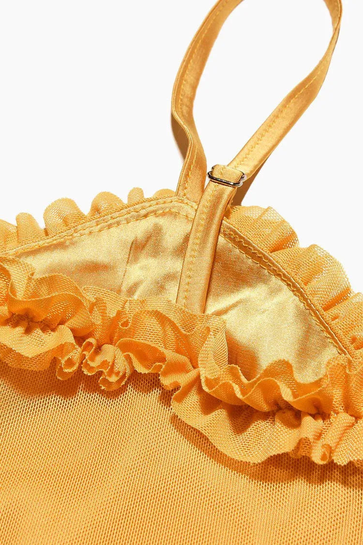 Playful Mermaid Sweetheart-Neck Ruffled Chiffon Mustard Midi Evening Dress for Women