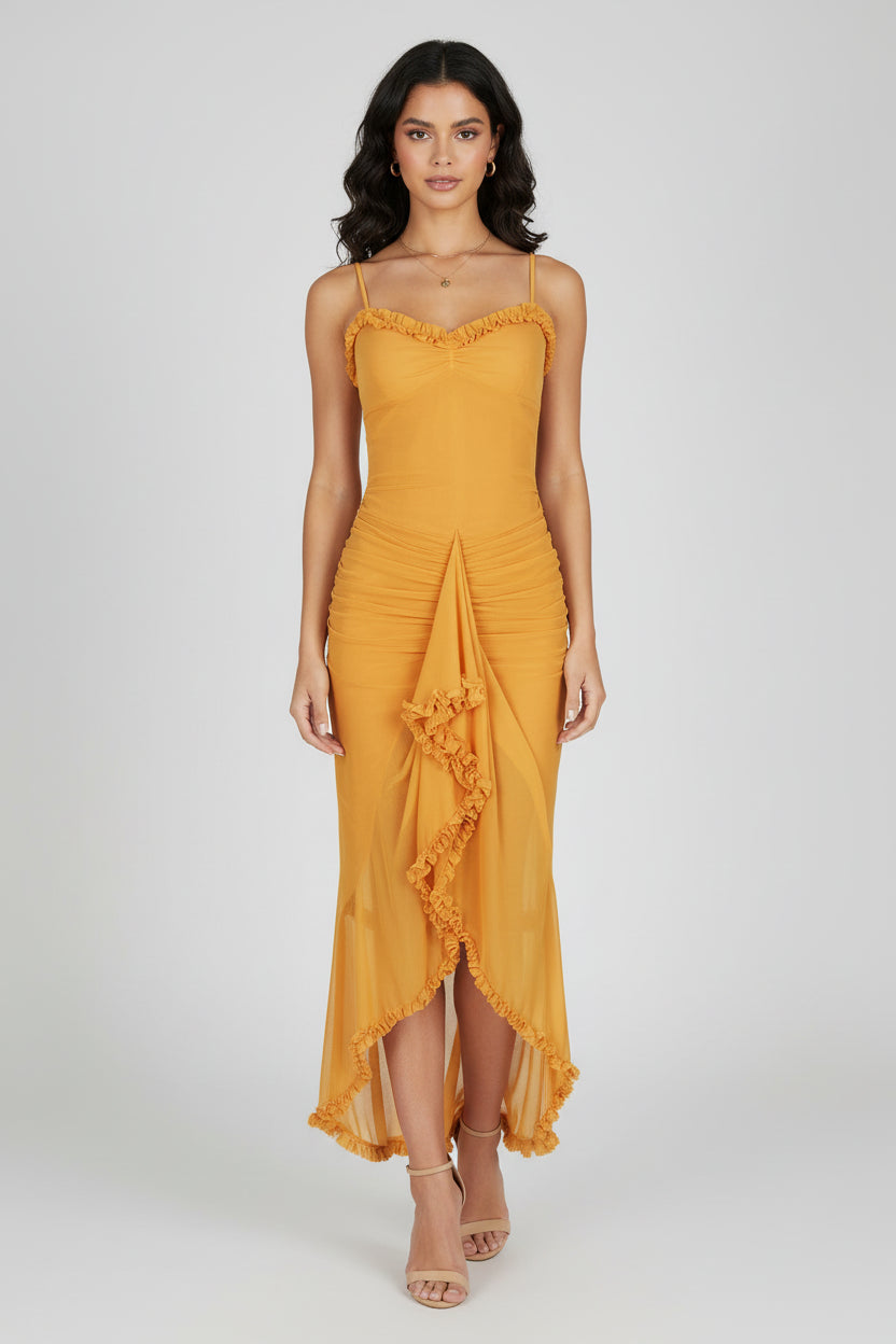 Playful Mermaid Sweetheart-Neck Ruffled Chiffon Mustard Midi Evening Dress for Women