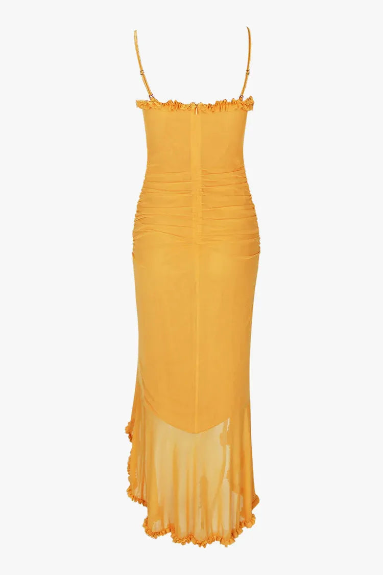 Playful Mermaid Sweetheart-Neck Ruffled Chiffon Mustard Midi Evening Dress for Women