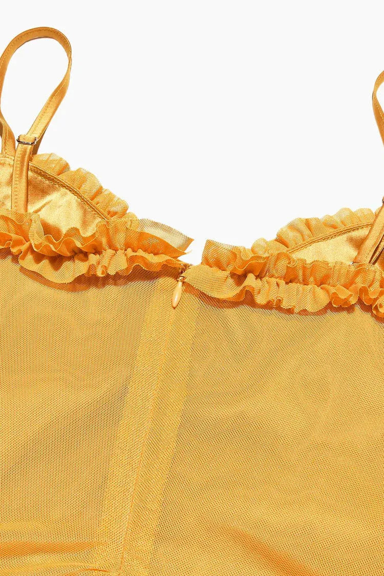 Playful Mermaid Sweetheart-Neck Ruffled Chiffon Mustard Midi Evening Dress for Women