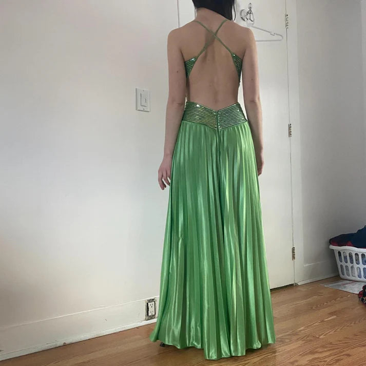 Playful Spaghetti Straps Pleated Backless Sequin Satin Green Long Party Dress