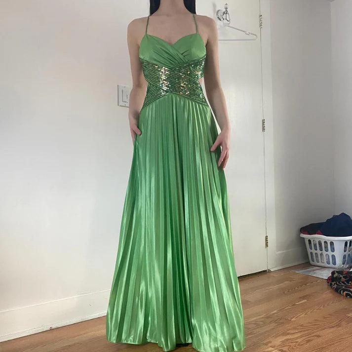 Playful Spaghetti Straps Pleated Backless Sequin Satin Green Long Party Dress