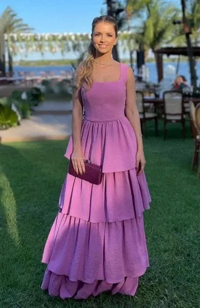 Playful Textured Long Evening Dress Magenta Square-Neck Sleeveless Party Gown for Women