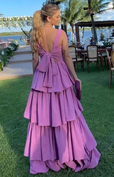 Playful Textured Long Evening Dress Magenta Square-Neck Sleeveless Party Gown for Women