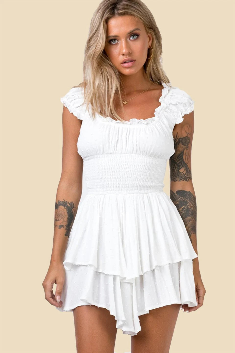 Playful A-line Square Neck Cap Sleeve Tiered Ruffle White Mini Homecoming Dress