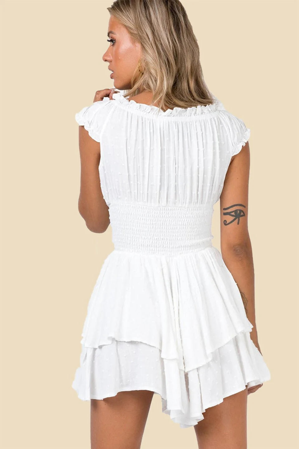 Playful A-line Square Neck Cap Sleeve Tiered Ruffle White Mini Homecoming Dress