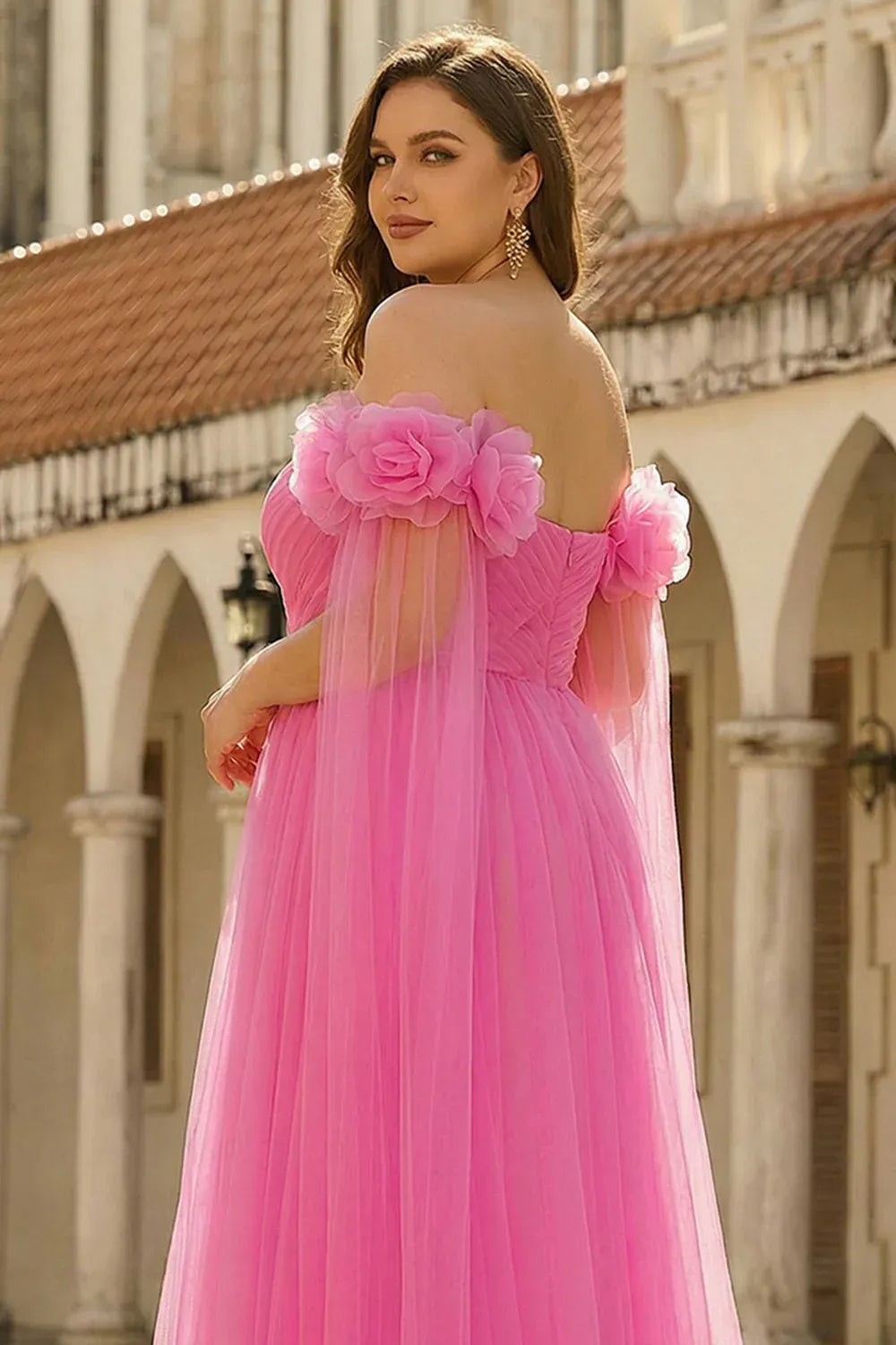 Plus Size A-Line Off-Shoulder 3D Floral Pleated Tulle Hot Pink Maxi Prom Dress