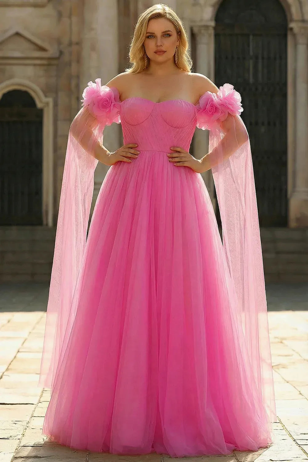 Plus Size A-Line Off-Shoulder 3D Floral Pleated Tulle Hot Pink Maxi Prom Dress