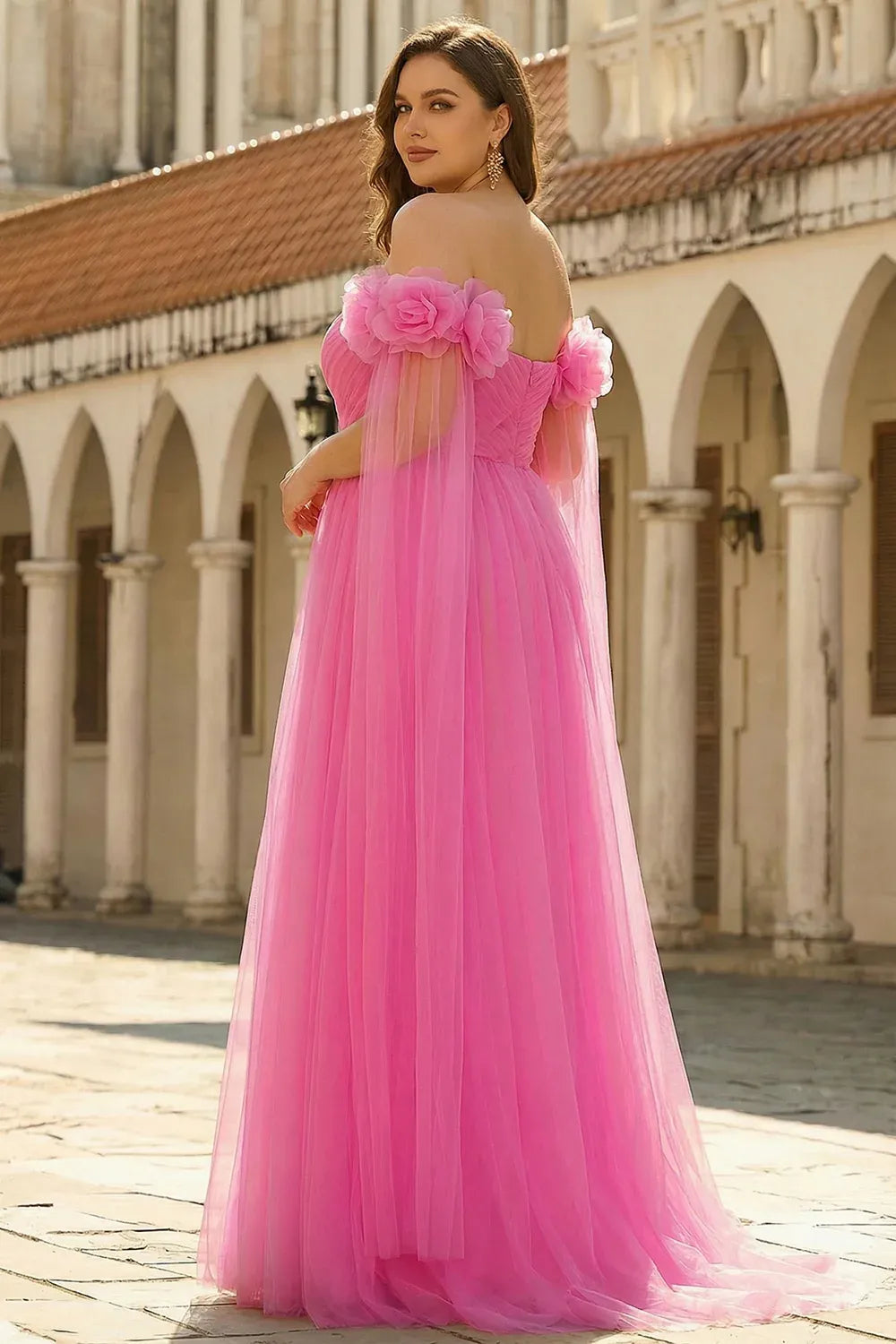 Plus Size A-Line Off-Shoulder 3D Floral Pleated Tulle Hot Pink Maxi Prom Dress