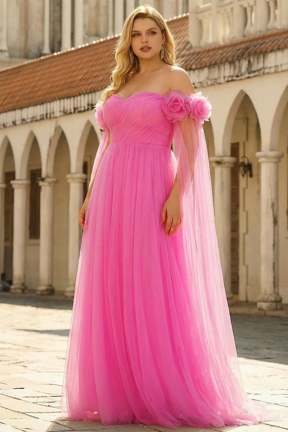 Plus Size A-Line Off-Shoulder 3D Floral Pleated Tulle Hot Pink Maxi Prom Dress