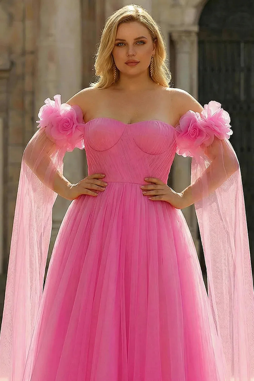 Plus Size A-Line Off-Shoulder 3D Floral Pleated Tulle Hot Pink Maxi Prom Dress