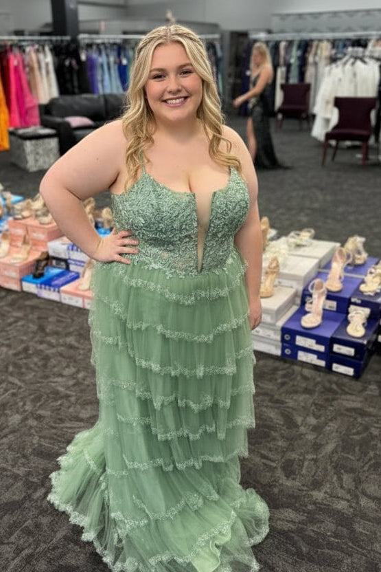 Plus Size A-Line V-Neck Lace Applique Tiered Ruffle Sage Green Long Prom Dress