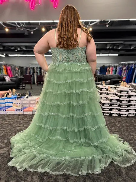 Plus Size A-Line V-Neck Lace Applique Tiered Ruffle Sage Green Long Prom Dress