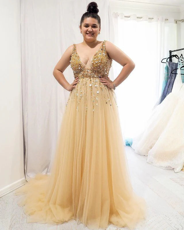 Plus Size A-Line V-Neck Sleeveless Sequins Champagne Long Prom Dress