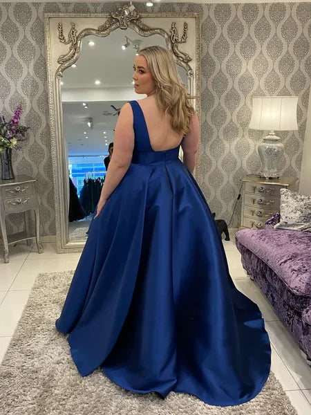 Plus Size A Line V-Neck Sleeveless Satin Royal Blue Long Prom Dress