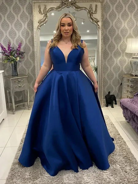 Plus Size A Line V-Neck Sleeveless Satin Royal Blue Long Prom Dress
