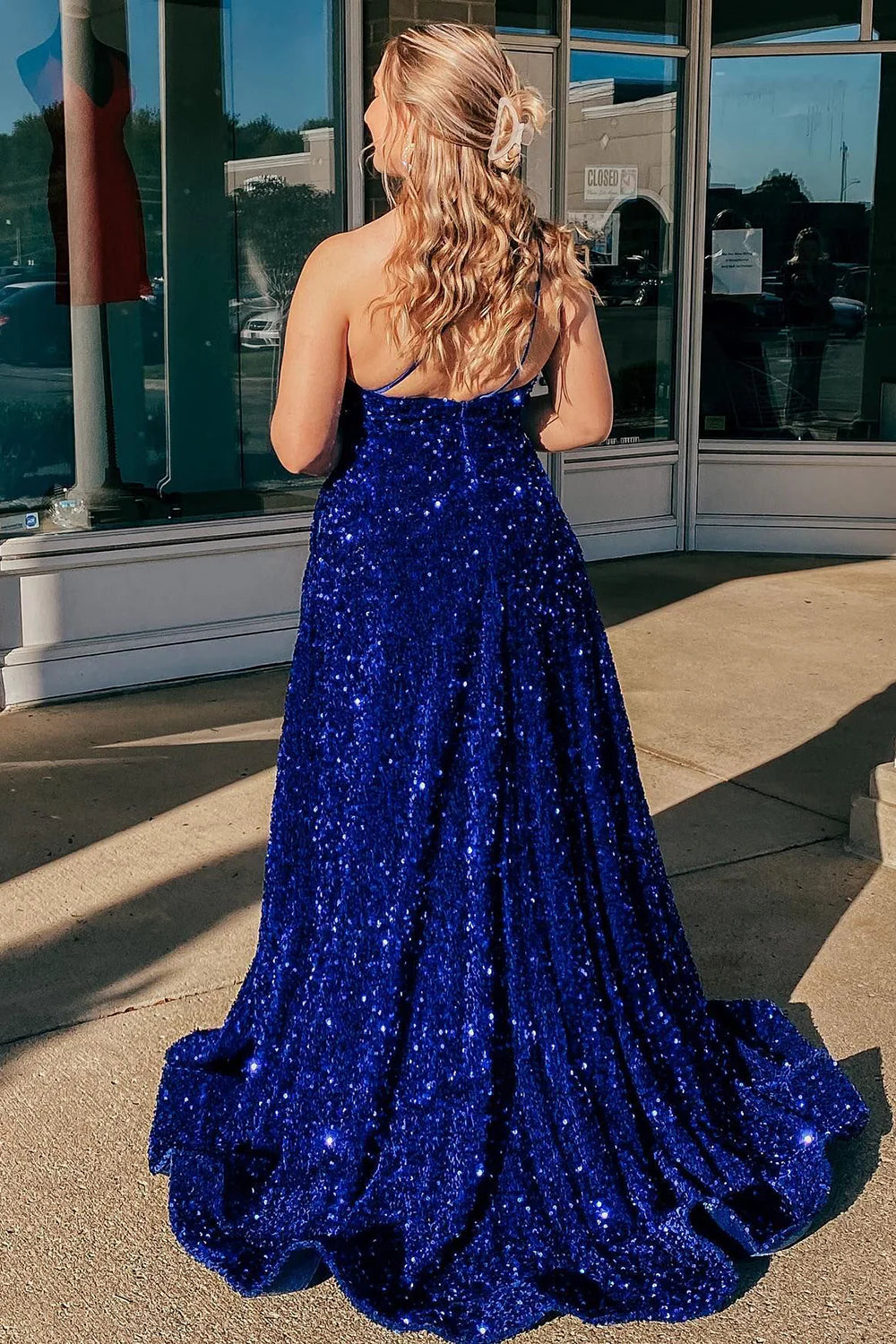 Plus Size A Line One Shoulder Sequin Royal Blue Floor Length Evening Dress