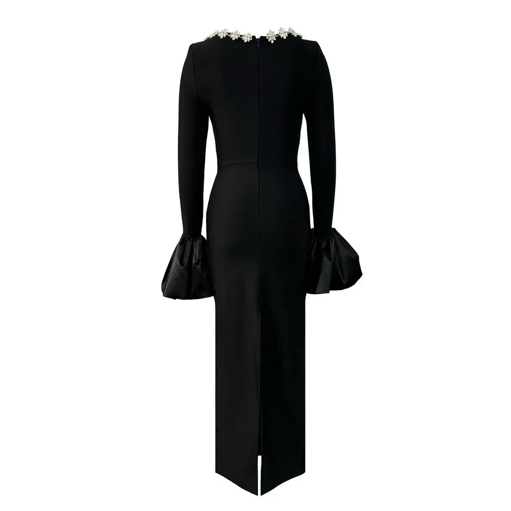 Plus Size Mermaid Square Neck Long Sleeve Beaded Black Floor Length Prom Dress