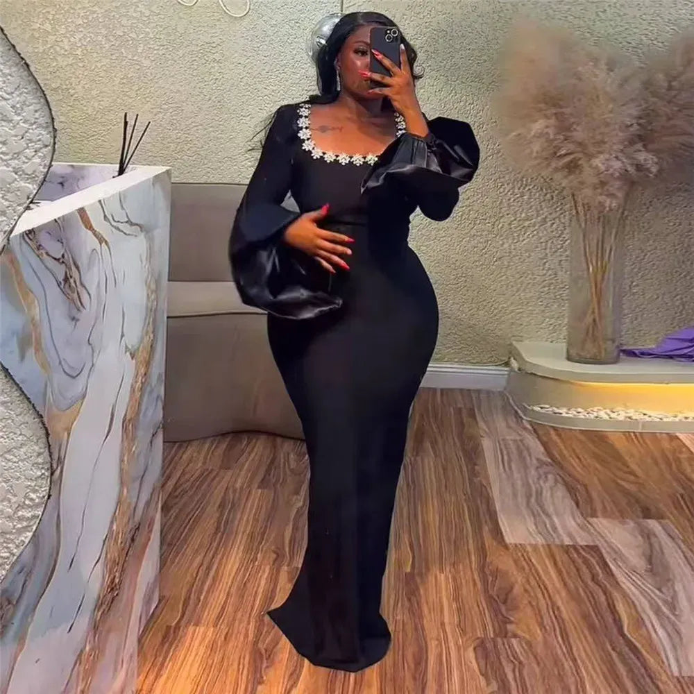 Plus Size Mermaid Square Neck Long Sleeve Beaded Black Floor Length Prom Dress