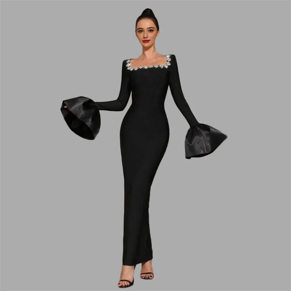 Plus Size Mermaid Square Neck Long Sleeve Beaded Black Floor Length Prom Dress