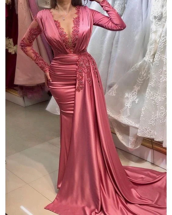 Plus Size Mermaid V Neck Long Sleeves Applique Beaded Pink Prom Dress