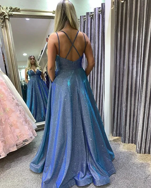 Plus Size Sexy A Line Spaghetti Straps Blue Long Prom Dress Evening Dress