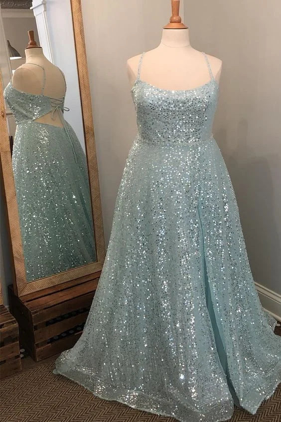 Plus Size Spaghetti Straps Side Slit Sequins Light Blue Long Prom Dress