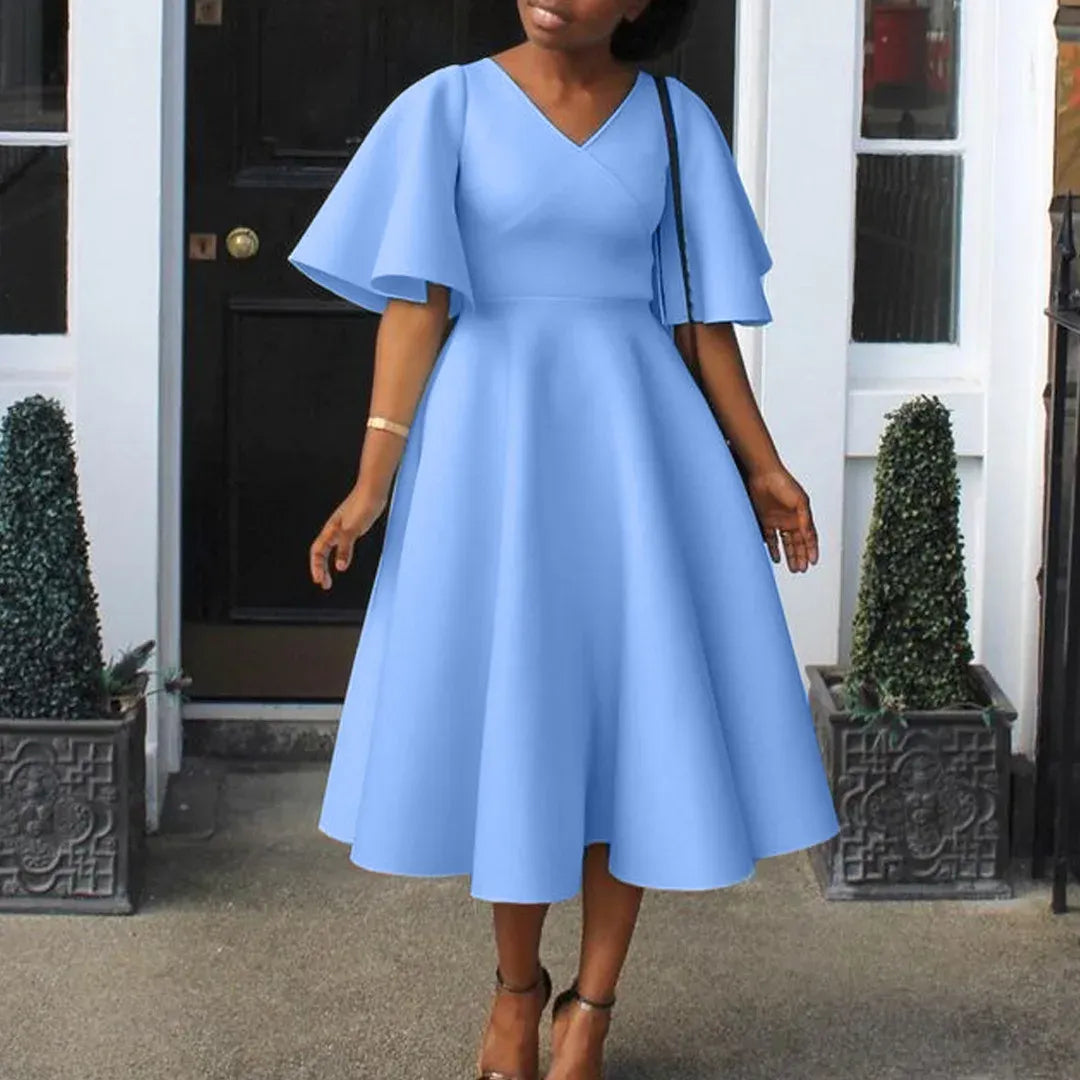 Plus Size V-Neck Flutter-Sleeve Structured Fabric Light Blue Midi Evening Dress for Women
