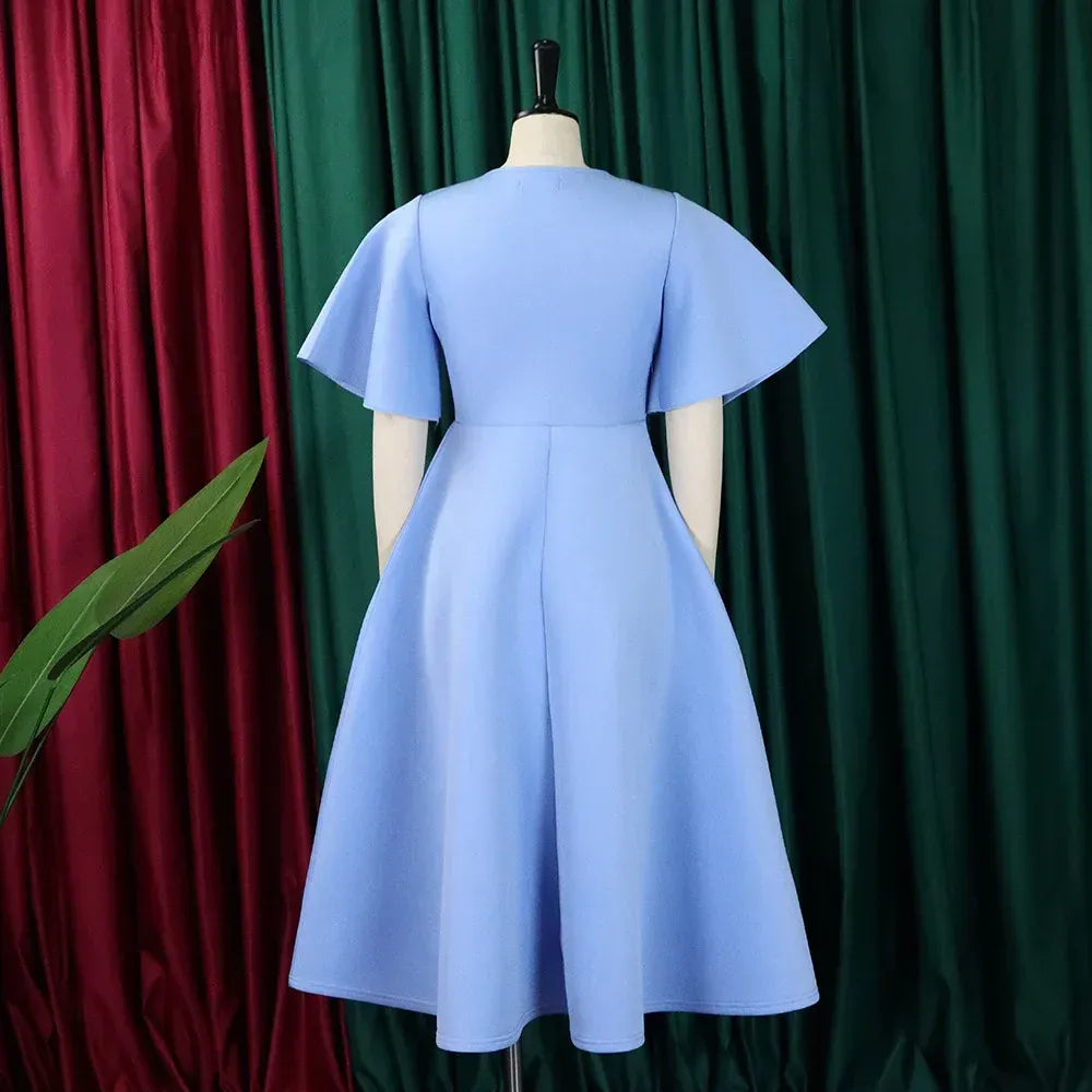 Plus Size V-Neck Flutter-Sleeve Structured Fabric Light Blue Midi Evening Dress for Women