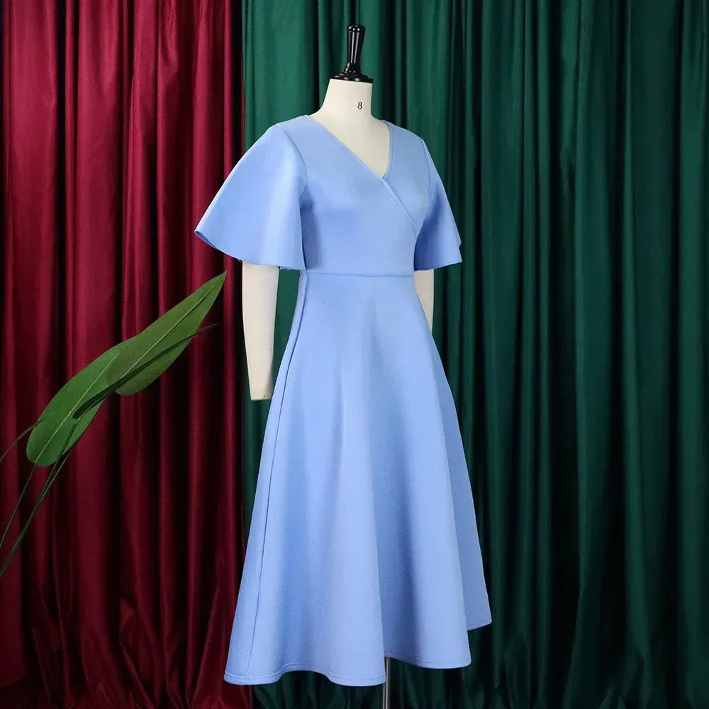 Plus Size V-Neck Flutter-Sleeve Structured Fabric Light Blue Midi Evening Dress for Women