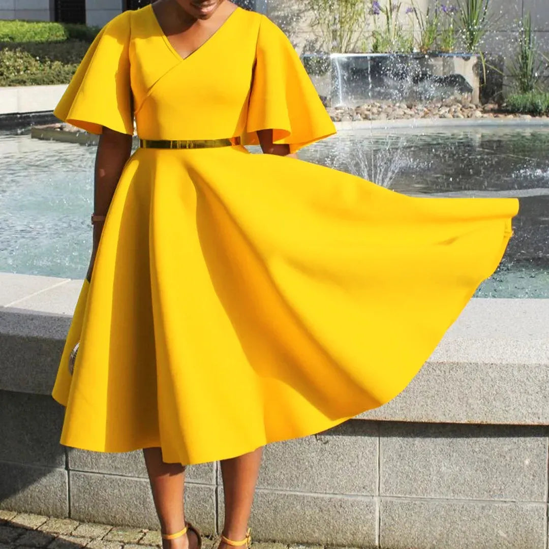 Plus Size V-Neck Flutter-Sleeve Structured Fabric Light Blue Midi Evening Dress for Women