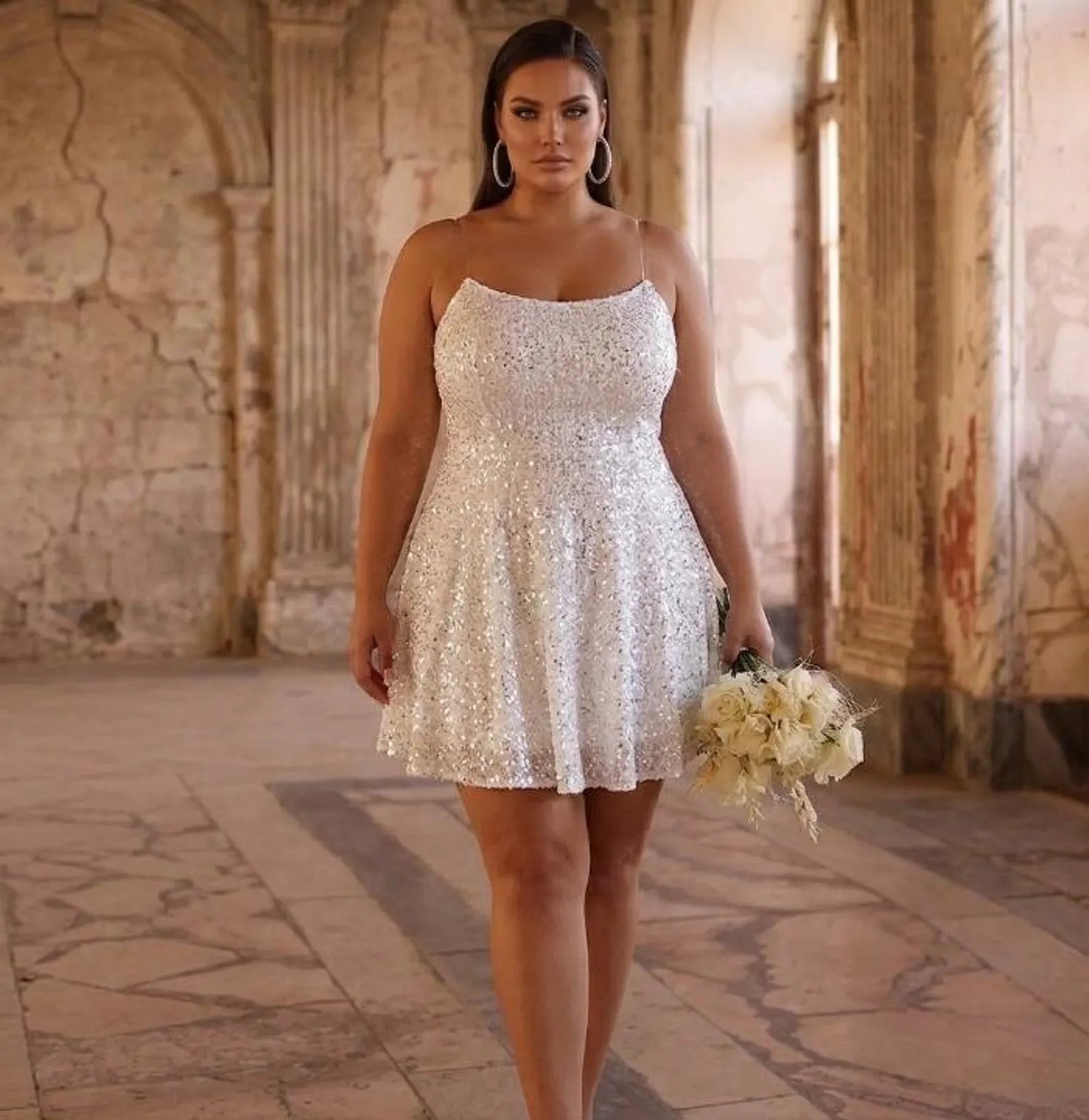 Plus Size Sparkle A-Line Sweetheart Spaghetti Strap Sequin White Short Homecoming Dress