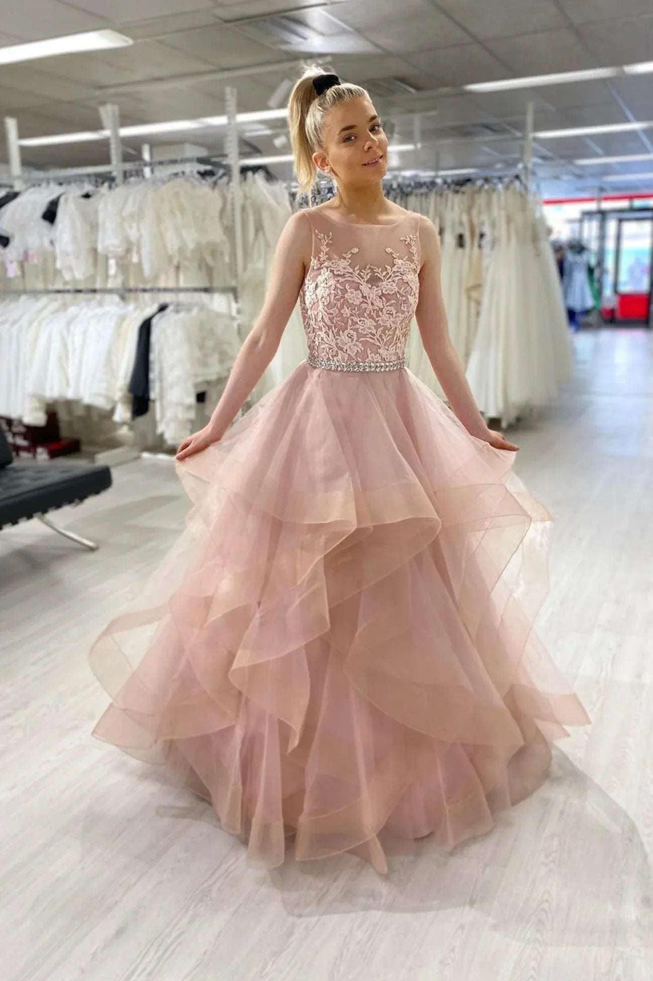 Pretty A-Line Boat-Neck Sleeveless Backless Floor-Length Prom Dress