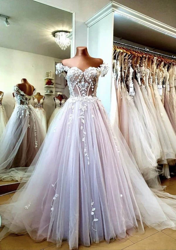 Pretty A-Line Corset Applique Sheer Tulle Formal Prom Dress