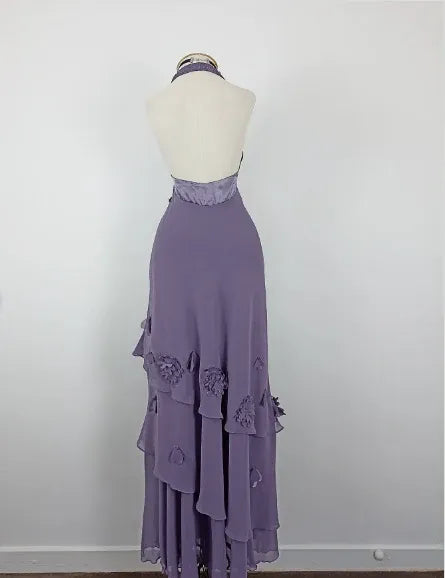 Pretty A-Line Halter Floral Tiered Ruffle Chiffon Dusty Purple Long Prom Dress