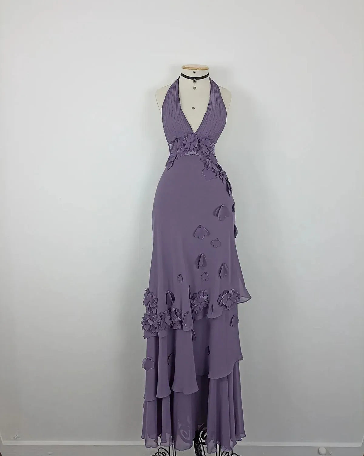 Pretty A-Line Halter Floral Tiered Ruffle Chiffon Dusty Purple Long Prom Dress