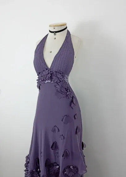 Pretty A-Line Halter Floral Tiered Ruffle Chiffon Dusty Purple Long Prom Dress
