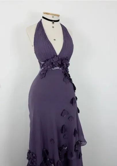 Pretty A-Line Halter Floral Tiered Ruffle Chiffon Dusty Purple Long Prom Dress